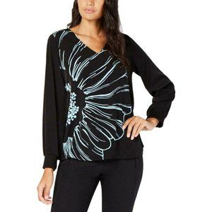 Alfani  Black Blue Floral V-Neck Shirt Blouse
